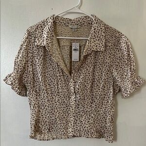 American Eagle Outfitters Cream and Brown Ruffled Puff Sleeve Blouse